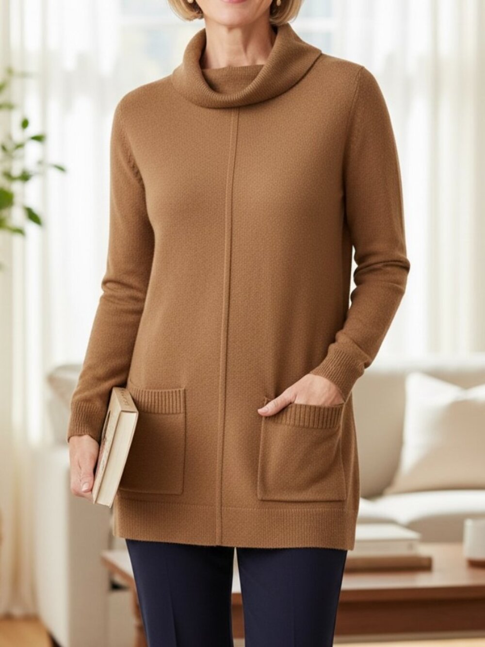 Talbots Turtleneck Sweater Merino Wool Brown Patch Pockets Tunic (L)